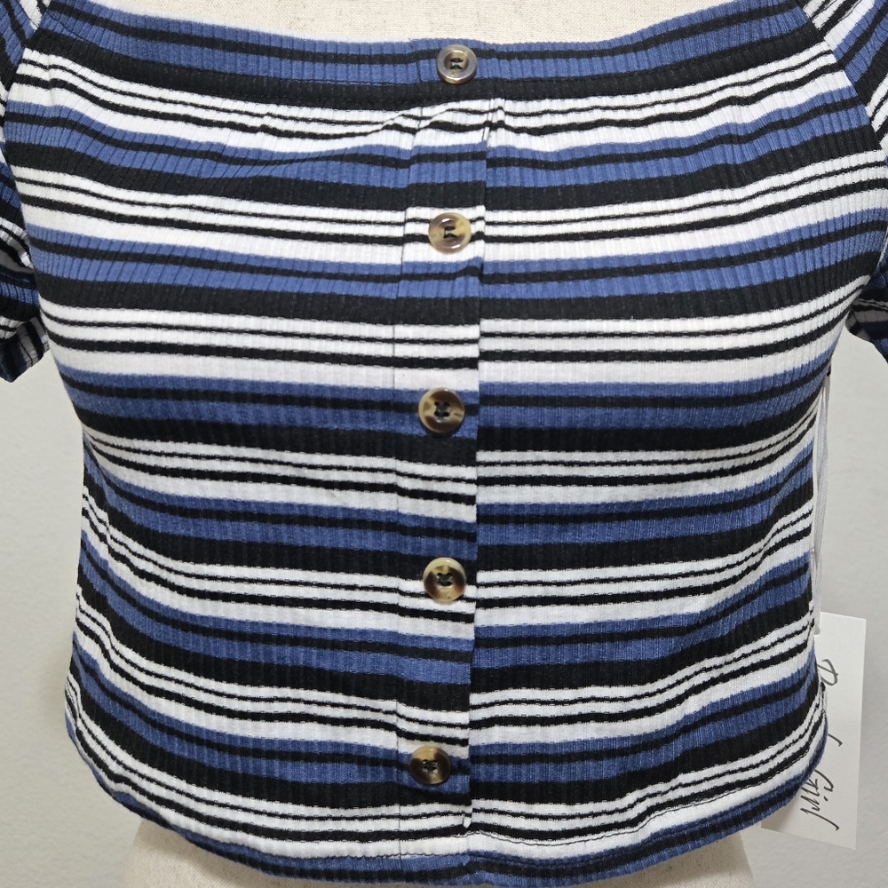 Peachy Girl Striped Ribbed Crop Top Size Large Blue White Black NWT Large - Picture 2 of 12